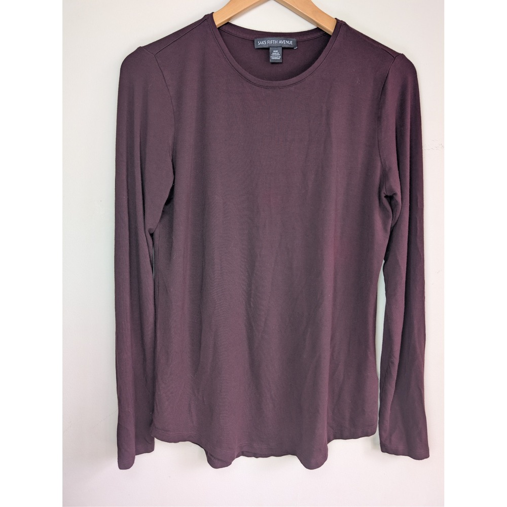 SAKS FIFTH AVENUE Long Sleeve Top Womens Medium Plum Rayon Stretch Basic Tee